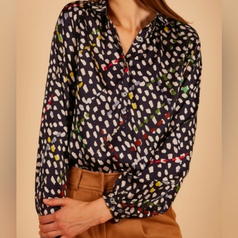 FRNCH Paris Womens Abstract Satin‎ Button Up Henly Blouse Size X-Small